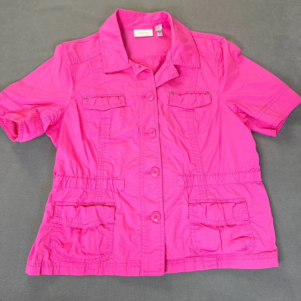 Chico's Women's Hot Pink Cargo Button Down Short Sleeve Jacket- Chico's 2- Large